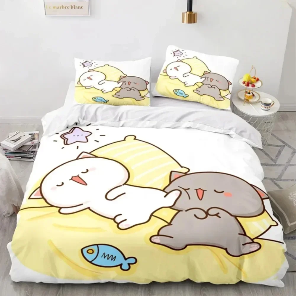 3D Printing Quilting - 3D漫画風のかわいい桃猫プリント寝具セット、布団カバー、枕カバー、ベッドリネン、シーツ、キルトカバー、フル/クイーン/キングサイズ