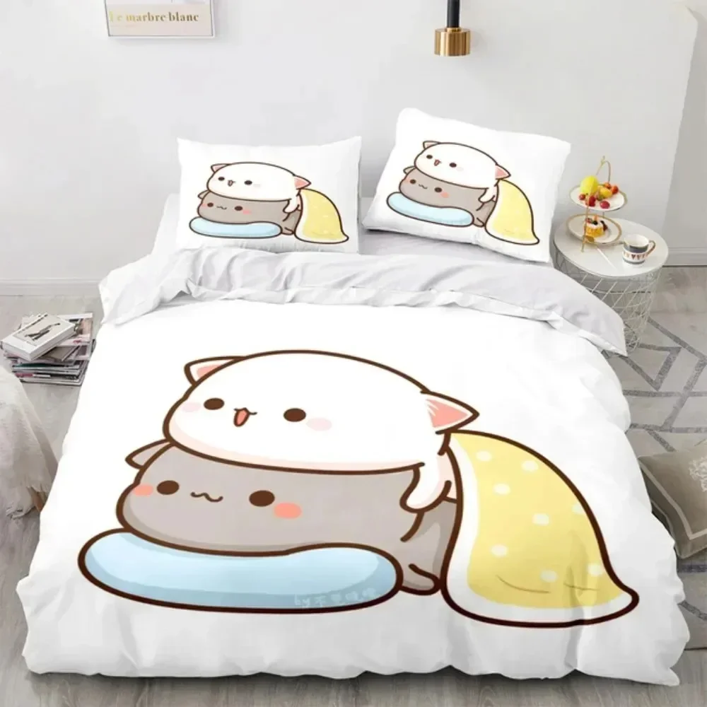 3D漫画風のかわいい桃猫プリント寝具セット、布団カバー、枕カ - 3D Printing Quilting のレビューと価格