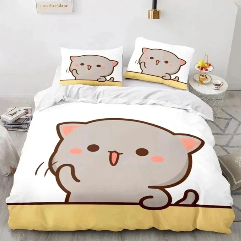 3D漫画風のかわいい桃猫プリント寝具セット、布団カバー、枕カ - 3D Printing Quilting のレビューと価格