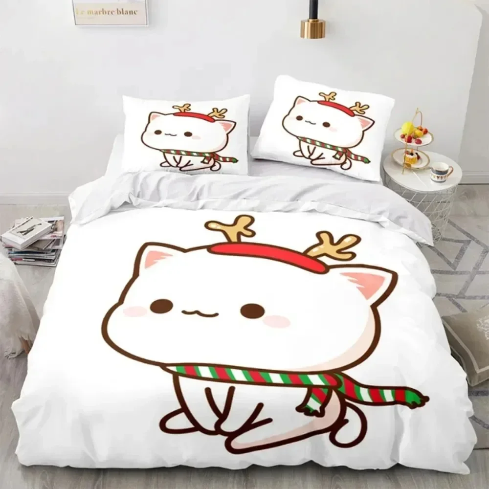 3D漫画風のかわいい桃猫プリント寝具セット、布団カバー、枕カ - 3D Printing Quilting のレビューと価格